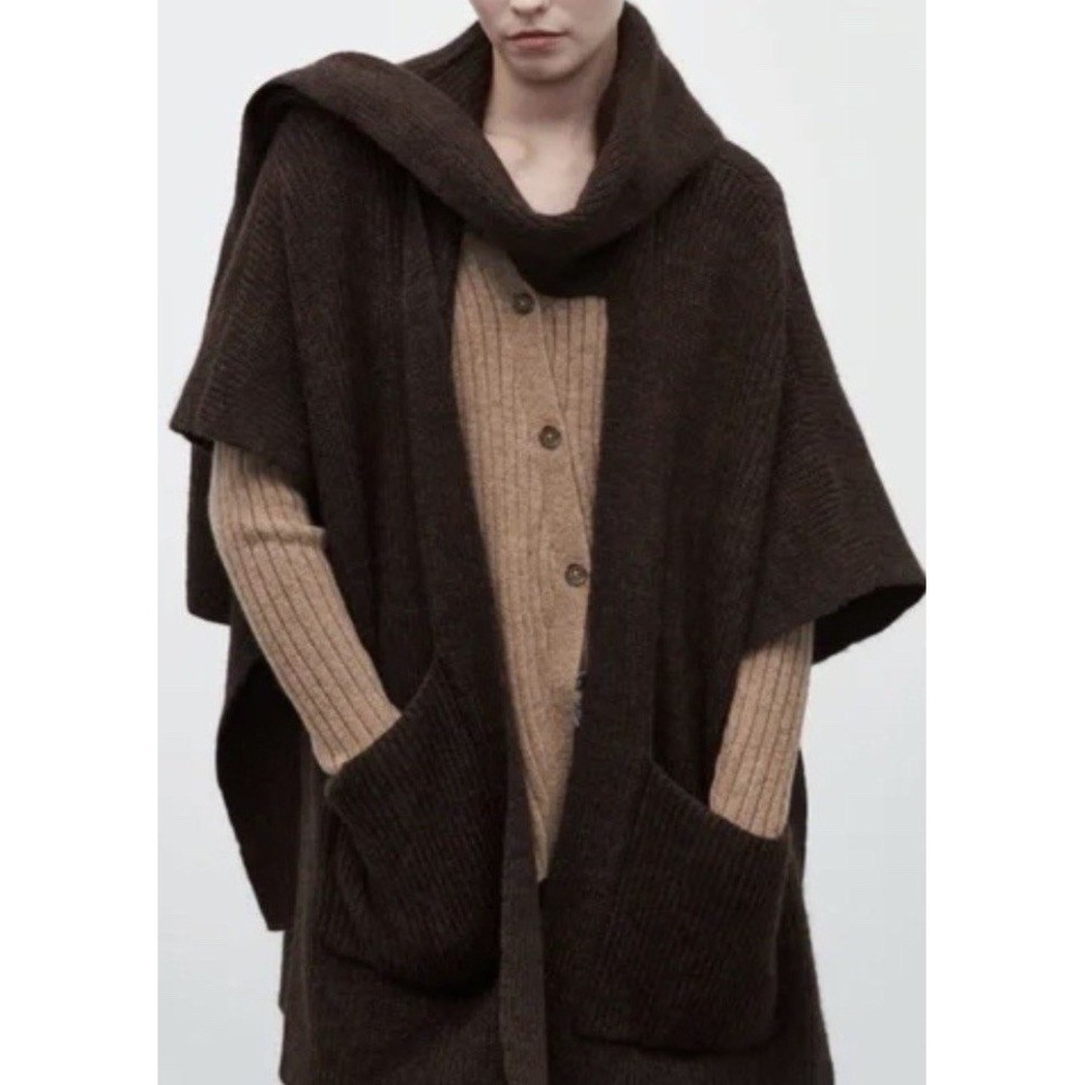 ZARA Brown Shawl Collar Attached Scarf Oversized Kimono Sweater Jacket Medium